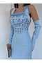 Baby Blue Stone Embroidered Sleeve Detailed Strap Evening Dress - 6
