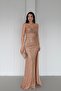 Gold Thin Strap Y Slit Sequin Evening Dress