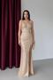 Beige Thin Strap Y Slit Sequin Evening Dress