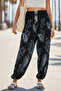 Italian Black Shawl Patterned Thin High Waist Elastic Leg Casual Loose Woven Trousers 102 55-75