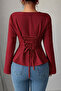 Burgundy Asymmetrical Neck Detail Back-Tie Long Sleeve Crepe Fabric Blouse - 2