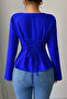 Cobalt Blue Asymmetrical Neck Detail Back-Tie Long Sleeve Crepe Blouse - 2