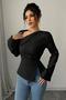 Black Asymmetrical Neck Detail Back Tie Long Sleeve Crepe Fabric Blouse - 4