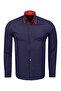 Men's Navy Blue Red Polka Dot Double Collar Cotton Slim Fit Shirt - 7