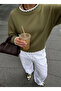 Women's Oil Green Wavy Edge Detailed Loose Crew Neck Sweater - Soft Textured Knitwear, Women's Sweater Fmoda3079 - 2