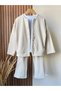 Girl's Cotton Beige Corded Fabric Cardigan Trousers Set – Buttoned Cardigan, Flared Leg - 2