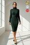 Women's Green Belt Detailed High Neck Turtleneck Italian Sleeve F Corded Fabric Knitwear Dress - 3