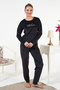 Women's Velvet Printed Pajama Set 25382 Black - 2