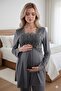 Smoke Long Robe Buttoned Special Design 100% Cotton Maternity Postpartum Robe Pajama Set - 4