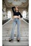 Stretch Fabric Light Snow Blue Front Slit Flared High Waist Pants - 4