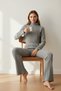 Night Women's Ribbed Tracksuit Set – Gray High-Neck Crop Top & Flared Pants, Flexible Comfortable Fit - 2