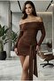 Bitter Coffee Madonna Collar Draped Ruched Detail Tie Front Long Sleeve Slim Fit Mini Dress - 4