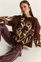 Women's Brown Crew Neck Floral Patterned Shaded Oversize Knitwear Sweater 4915 60283587