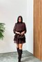 Women Brown Skirt Flock Printed Mock Neck Chiffon Dress of Shoulder Pad Pieces Nbmy3863 - 3