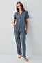 Women's Shirt Collar Embroidered Summer Regular Fit Navy Blue Pajama Set Pc9159-S-V1 - 2