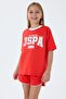 Girl's Crew Neck Embroidered Summer Regular Fit Orange Shorts Set Us2524-C-V1