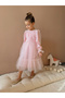Pink Skirt Tulle Ruffled Belted Sleeve Tip Tulle Detailed Long Sleeve Girl Child Girl Baby Dress - 3
