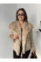 Women's Beige Faux Fur Coat Winter Plush Stylish Model - 7
