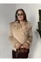 Women's Beige Faux Fur Coat Winter Plush Stylish Model - 8