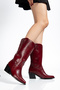 Burgundy Matte Leather Mid-Heel Perforated Summer Pointed Toe Western Cowboy Boots - 2