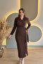 Shoulder Pad Piece Tied Brown Midi Dress with Slit Stones - 7