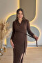 Shoulder Pad Piece Tied Brown Midi Dress with Slit Stones - 5