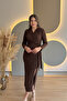 Shoulder Pad Piece Tied Brown Midi Dress with Slit Stones - 3