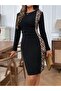 Women's Long Sleeve Crew Neck Side Gathered and Leopard Detailed Mini Imported Crepe Dress - 2
