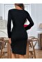 Women's Long Sleeve Crew Neck Side Gathered and Leopard Detailed Mini Imported Crepe Dress - 5
