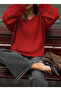Women's Red V-Neck Oversized Knit Sweater, Knit Sweater Fmoda1970 - 4