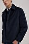 Navy Blue Comfort Fit Judge Collar Velvet Coat - 2