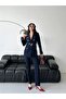 Women's Belted Blazer Jacket Fabric Trousers Set - 3
