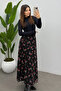 Women's Red Leaf Printed Tulle Skirt with Back Elastic Detail and Zipper - 3