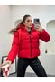 Women's Red Color Hooded Short Sports Puffer Coat