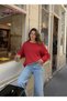 Women's Red Wavy Edge Detailed Loose Crew Neck Sweater - Soft Textured Knitwear, Women's Sweater Fmoda3079 - 6