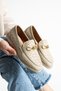 Maby Women's Beige Knitted Textured Chain Detailed Loafer Flat Shoes Ballet Flats