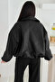 İçi Kürklü O Oversized Women's Leather Jacket Coat - 7