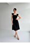 Women's Black Square Neck Pearl Detailed Midi Evening Dress