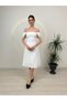 Women's White Square Neck Pearl Detailed Midi Evening Dress