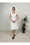 Women's White Square Neck Pearl Detailed Midi Evening Dress - 3