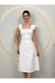 Women's White Square Neck Pearl Detailed Midi Evening Dress - 4