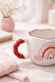 Rainbow Patterned Handmade Ceramic Mug – Cream Coffee Cup with Red Handle - 3