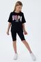 Girl's Crew Neck Embroidered Summer Relaxed Fit Black Leggings Set Us2517-C-V2