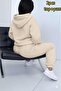 Women's Beige Hooded Sweat Tracksuit Bottom Set - 2