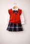 Red Vest Set Navy Blue Plaid Skirt Girl's Suit (with Socks as a Gift) - 4
