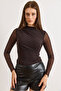 Women's Bitter Brown Sequined Drape Detailed Lined Stylish Tulle Blouse Blz-19003190 - 5
