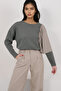 Khaki Crew Neck Knitted Blouse with Draped Shoulders and Colorful Trims Alc-X14915 - 3