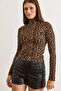 Women's Leopard Brown Turtleneck See-Through Stretchy Blouse Blz-19003169