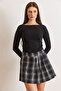 Women's Black Self-Fabric Pleated Plaid Mini Skirt with Shorts Etk-19000381 - 3