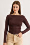 Women's Brown Side Draped Boat Neck See-Through Blouse Blz-19003196
